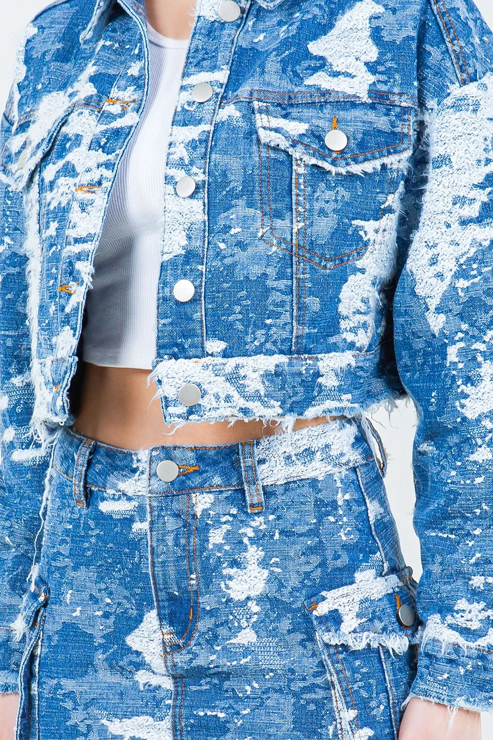 Blue Zone Planet |  American Bazi Jacquard Trim Cropped Denim Jacket