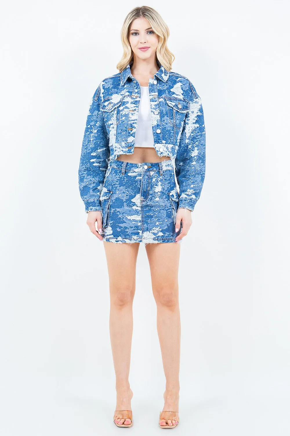 Blue Zone Planet |  American Bazi Jacquard Trim Cropped Denim Jacket