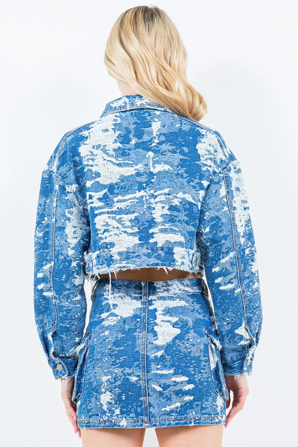 Blue Zone Planet |  American Bazi Jacquard Trim Cropped Denim Jacket