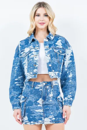 Blue Zone Planet |  American Bazi Jacquard Trim Cropped Denim Jacket