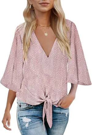 Bluetime Womens Summer Tops Boho 3/4 Sleeve V Neck Tie Front Shirts Casual Floral Blouses