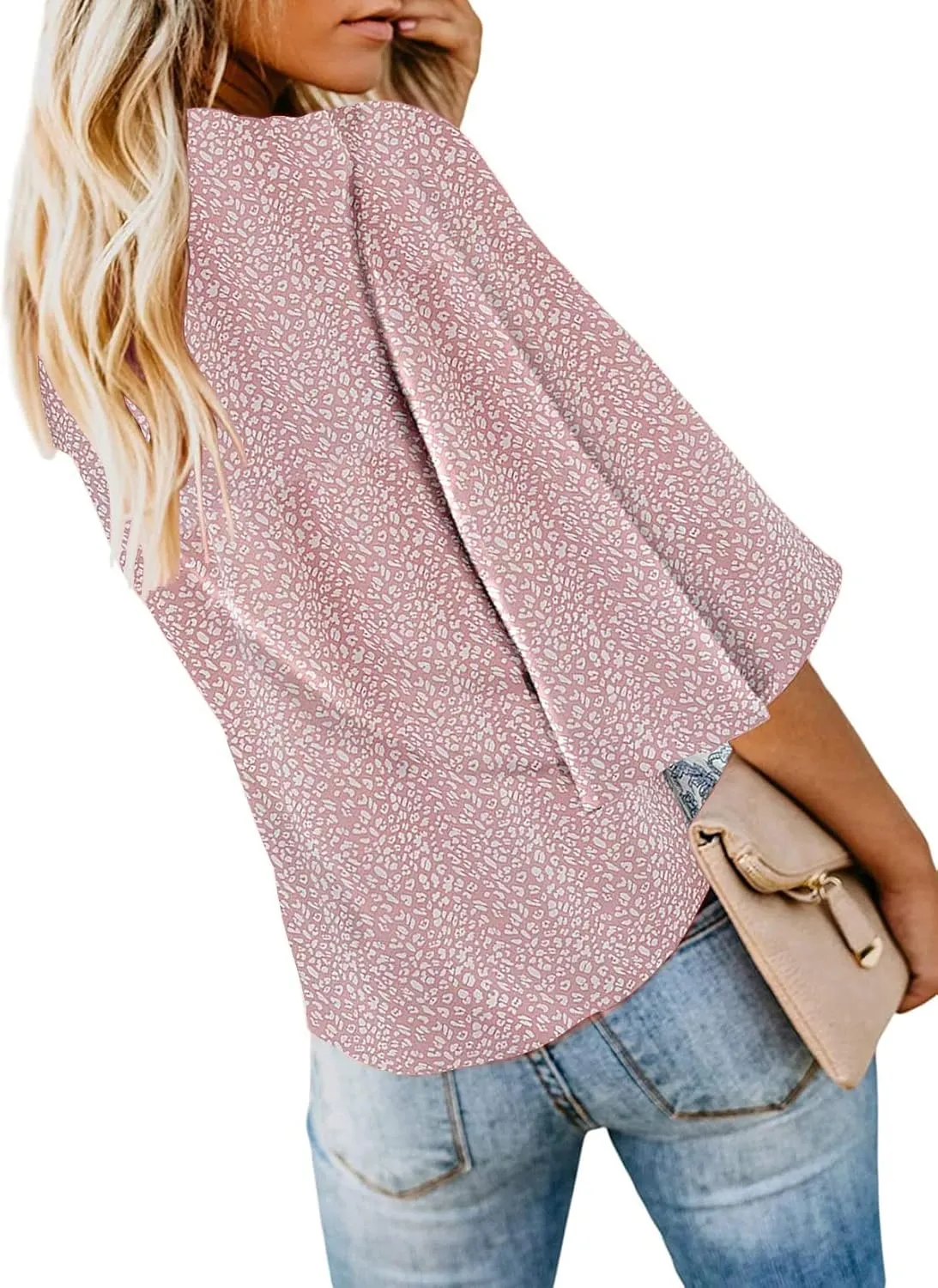 Bluetime Womens Summer Tops Boho 3/4 Sleeve V Neck Tie Front Shirts Casual Floral Blouses
