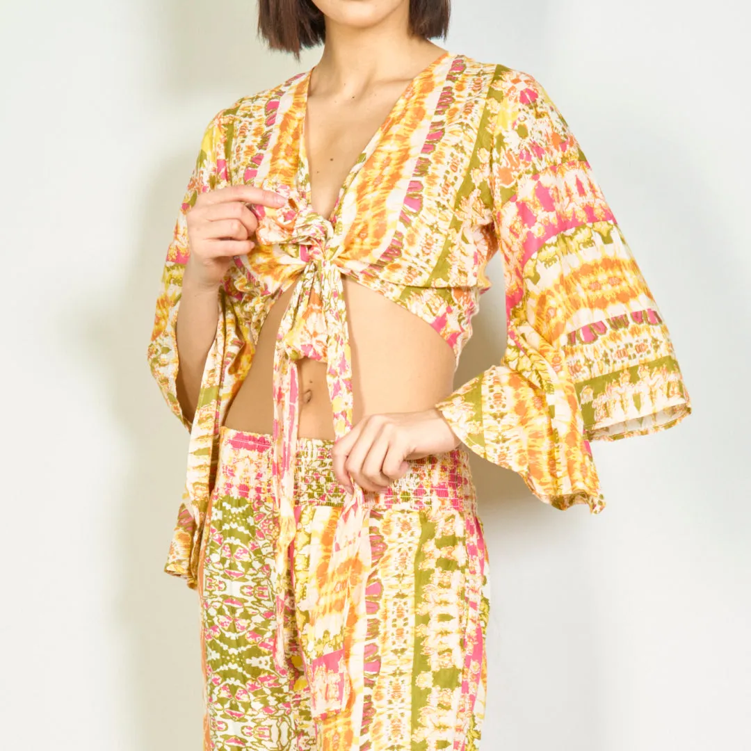 Bohemian tie-front blouse and smocked pants set wholesale