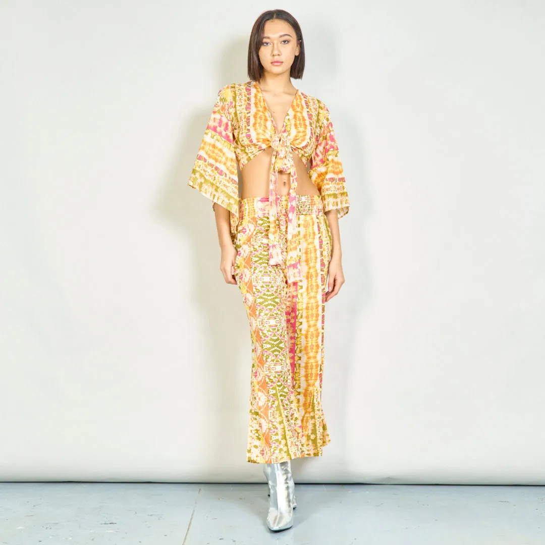 Bohemian tie-front blouse and smocked pants set wholesale