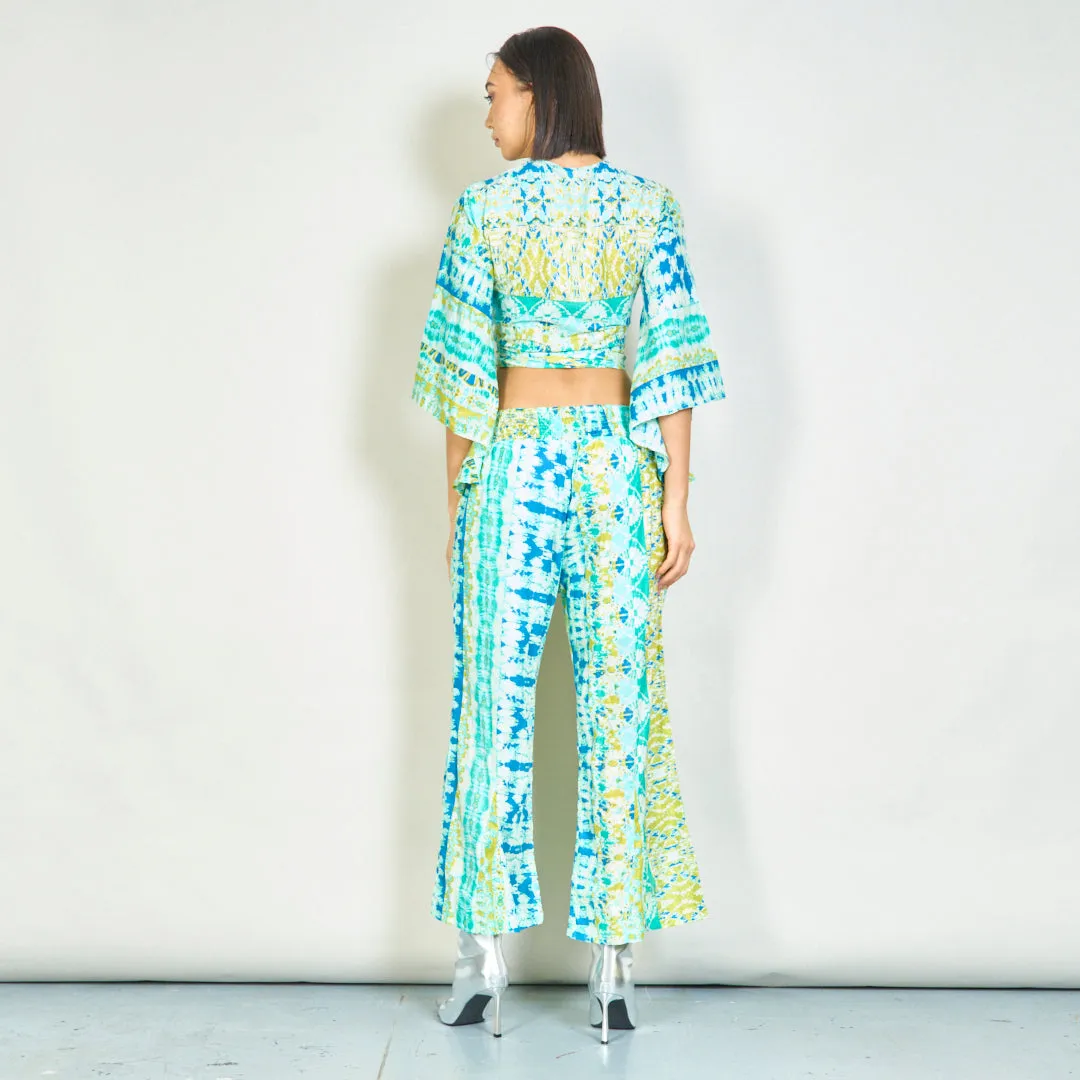 Bohemian tie-front blouse and smocked pants set wholesale