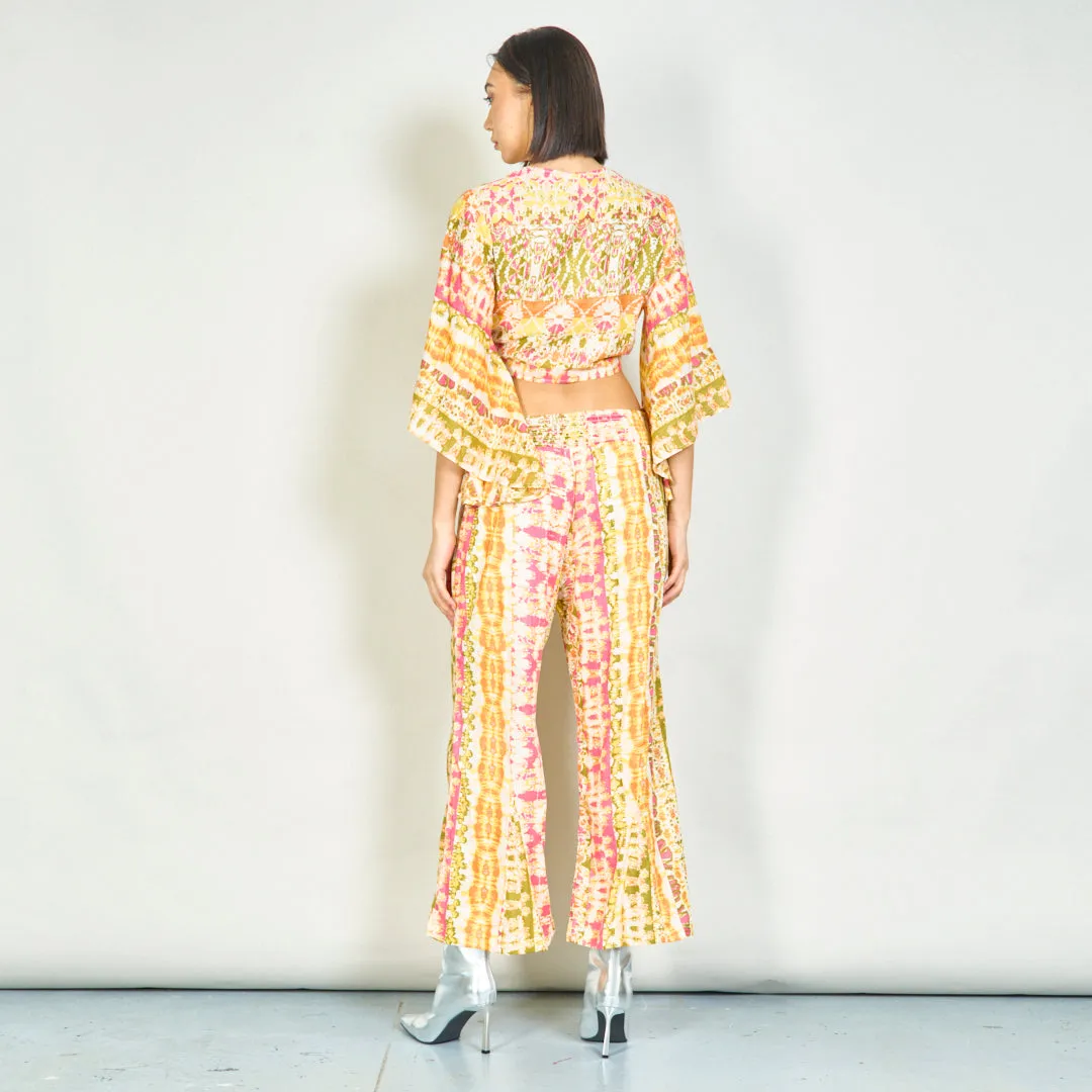 Bohemian tie-front blouse and smocked pants set wholesale