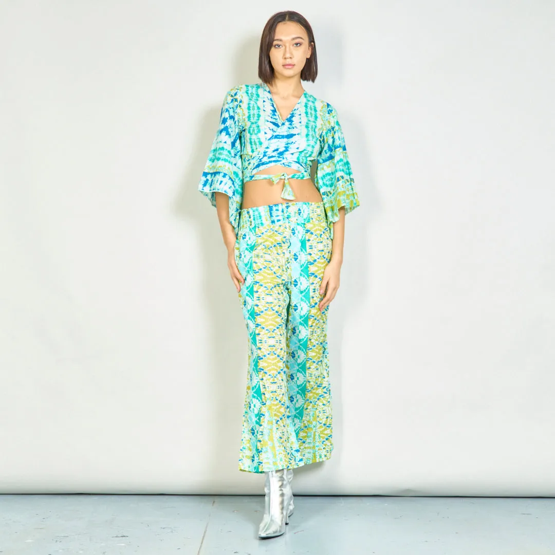 Bohemian tie-front blouse and smocked pants set wholesale