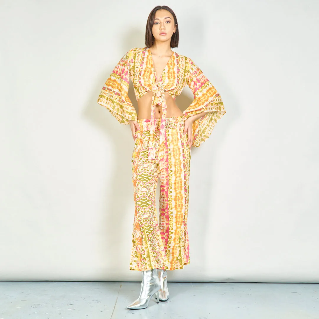 Bohemian tie-front blouse and smocked pants set wholesale