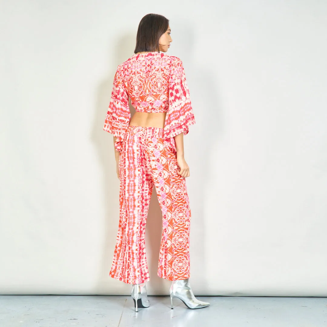 Bohemian tie-front blouse and smocked pants set wholesale