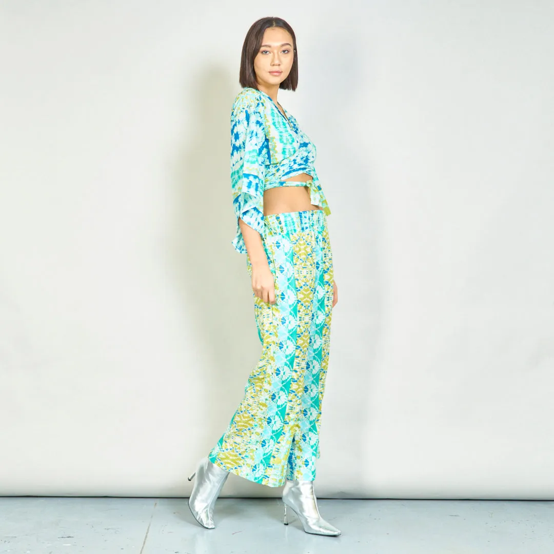 Bohemian tie-front blouse and smocked pants set wholesale