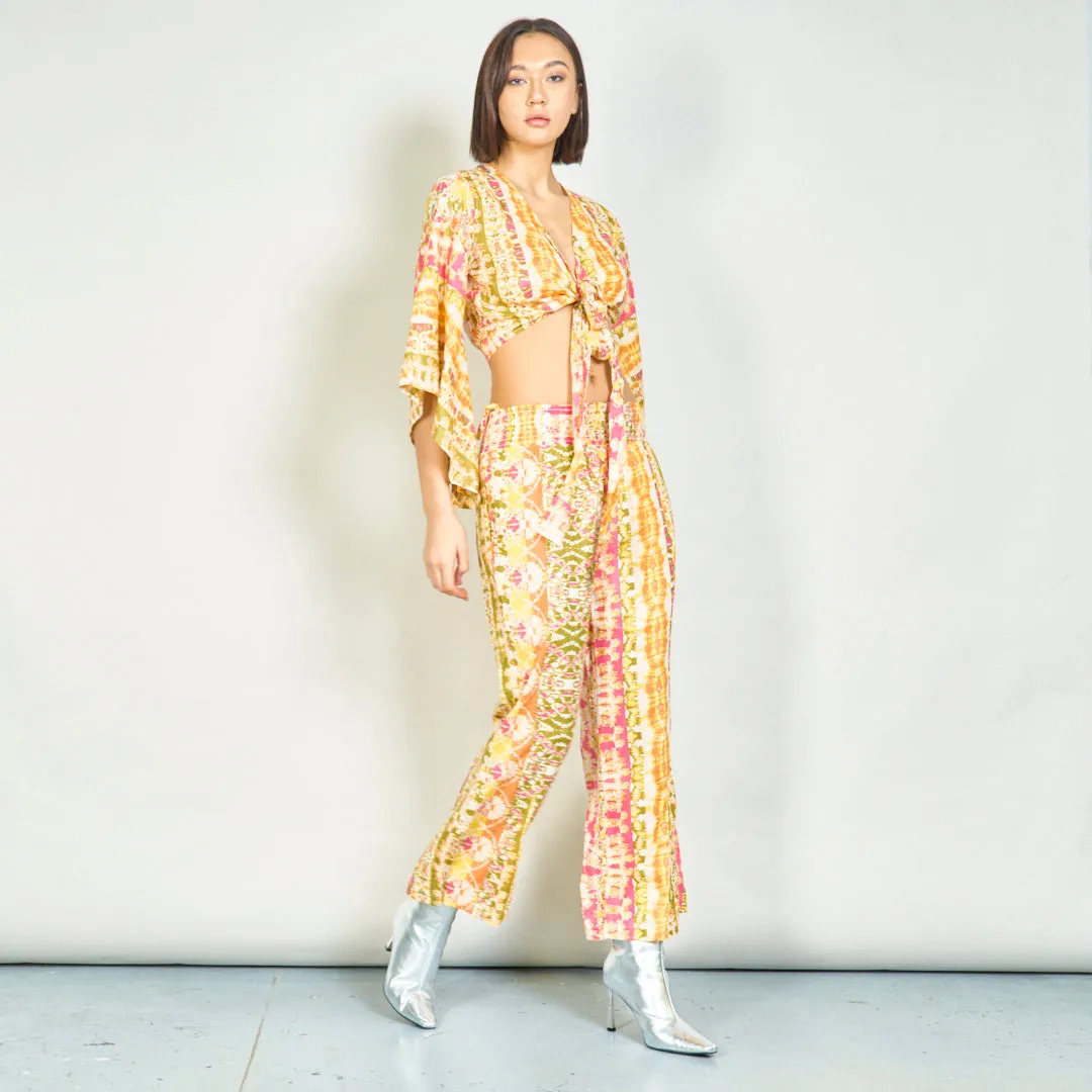 Bohemian tie-front blouse and smocked pants set wholesale