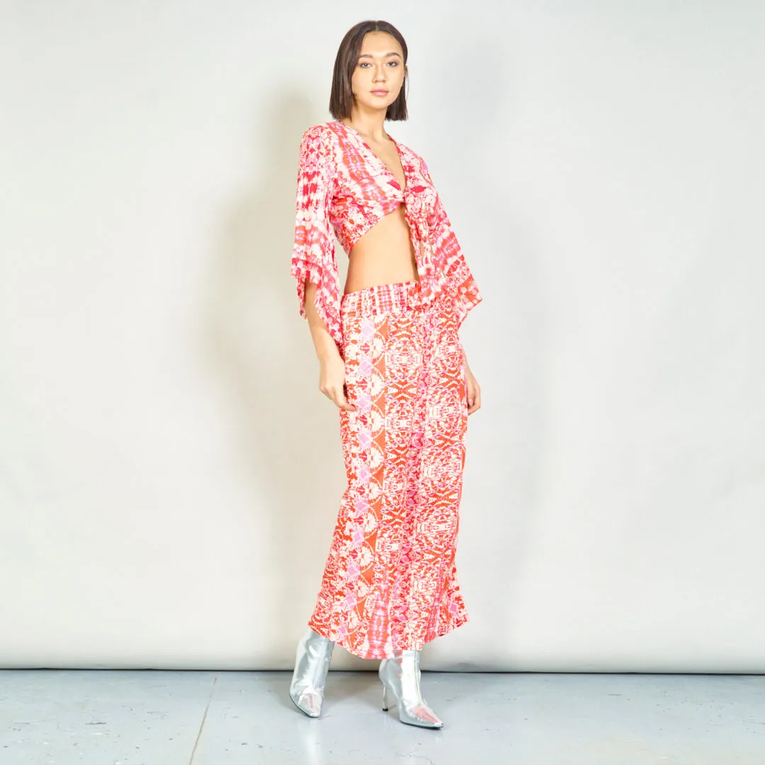Bohemian tie-front blouse and smocked pants set wholesale