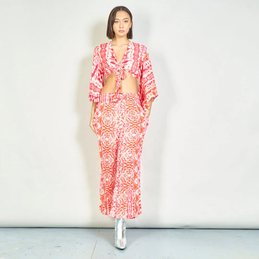 Bohemian tie-front blouse and smocked pants set wholesale