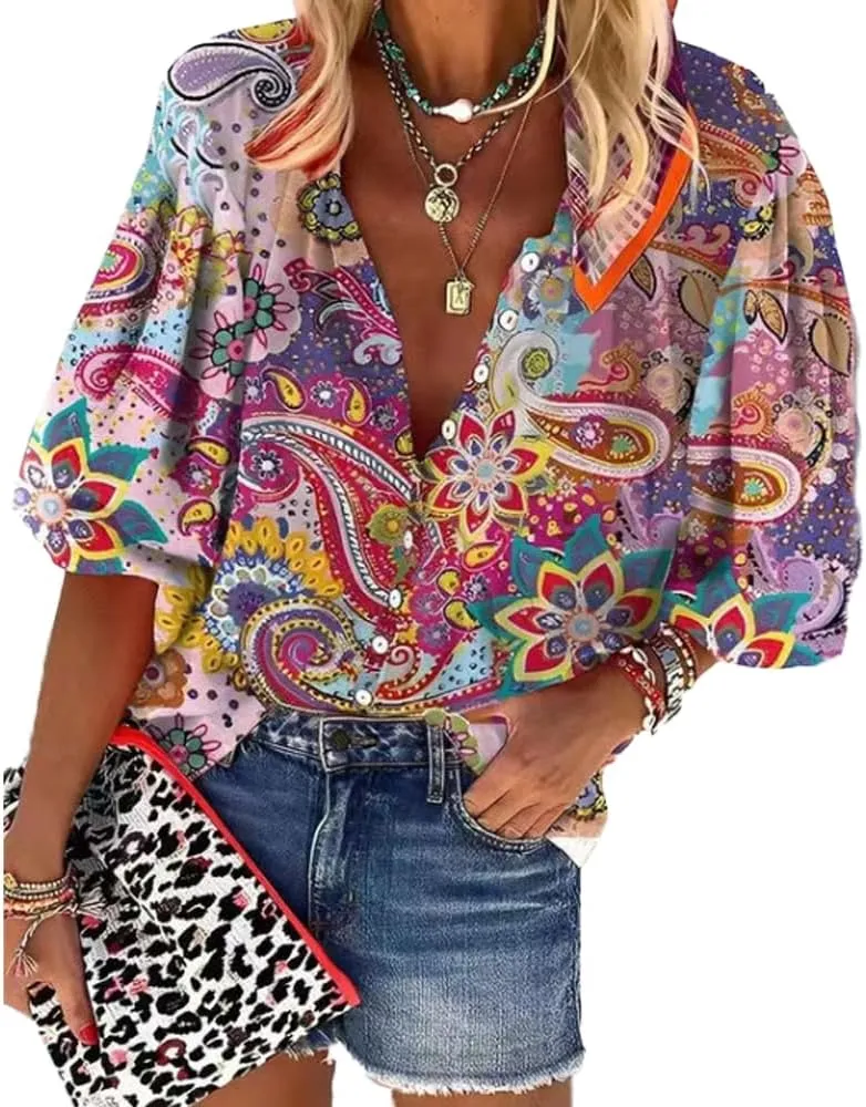 Boho Tops for Women 2025 Summer Floral Print Button Down V Neck 3/4 Sleeve Shirts Casual Loose Fit Trendy Blouses