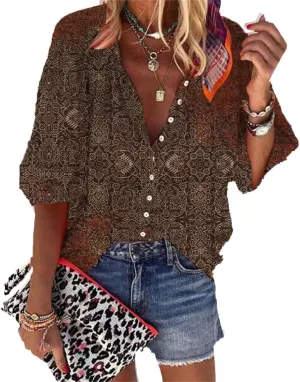 Boho Tops for Women 2025 Summer Floral Print Button Down V Neck 3/4 Sleeve Shirts Casual Loose Fit Trendy Blouses