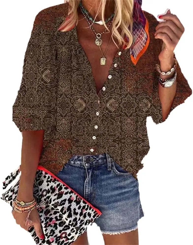 Boho Tops for Women 2025 Summer Floral Print Button Down V Neck 3/4 Sleeve Shirts Casual Loose Fit Trendy Blouses