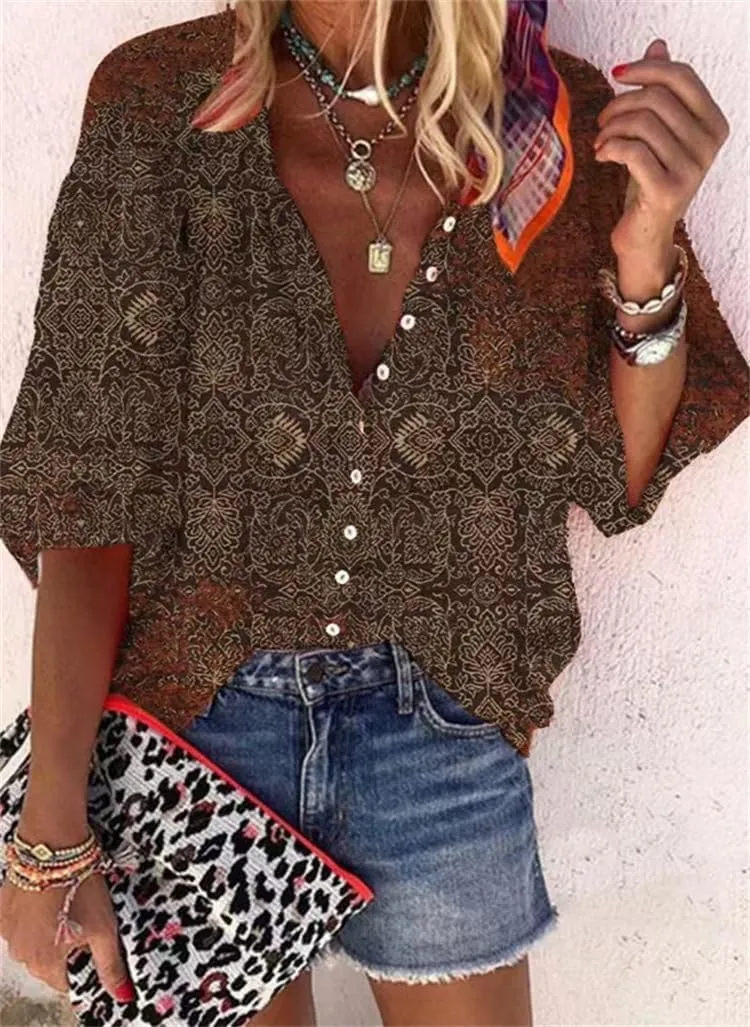 Boho Tops for Women 2025 Summer Floral Print Button Down V Neck 3/4 Sleeve Shirts Casual Loose Fit Trendy Blouses