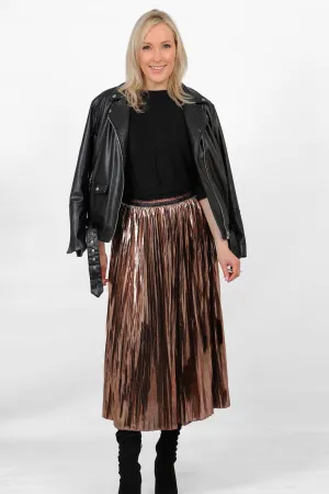 Bronze Foil Pleated Skirt with Glitter Stripe Waistband