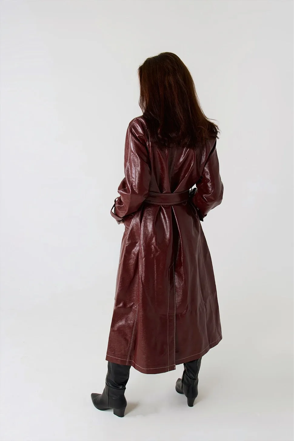 Burgundy PU Leather Trench Coat