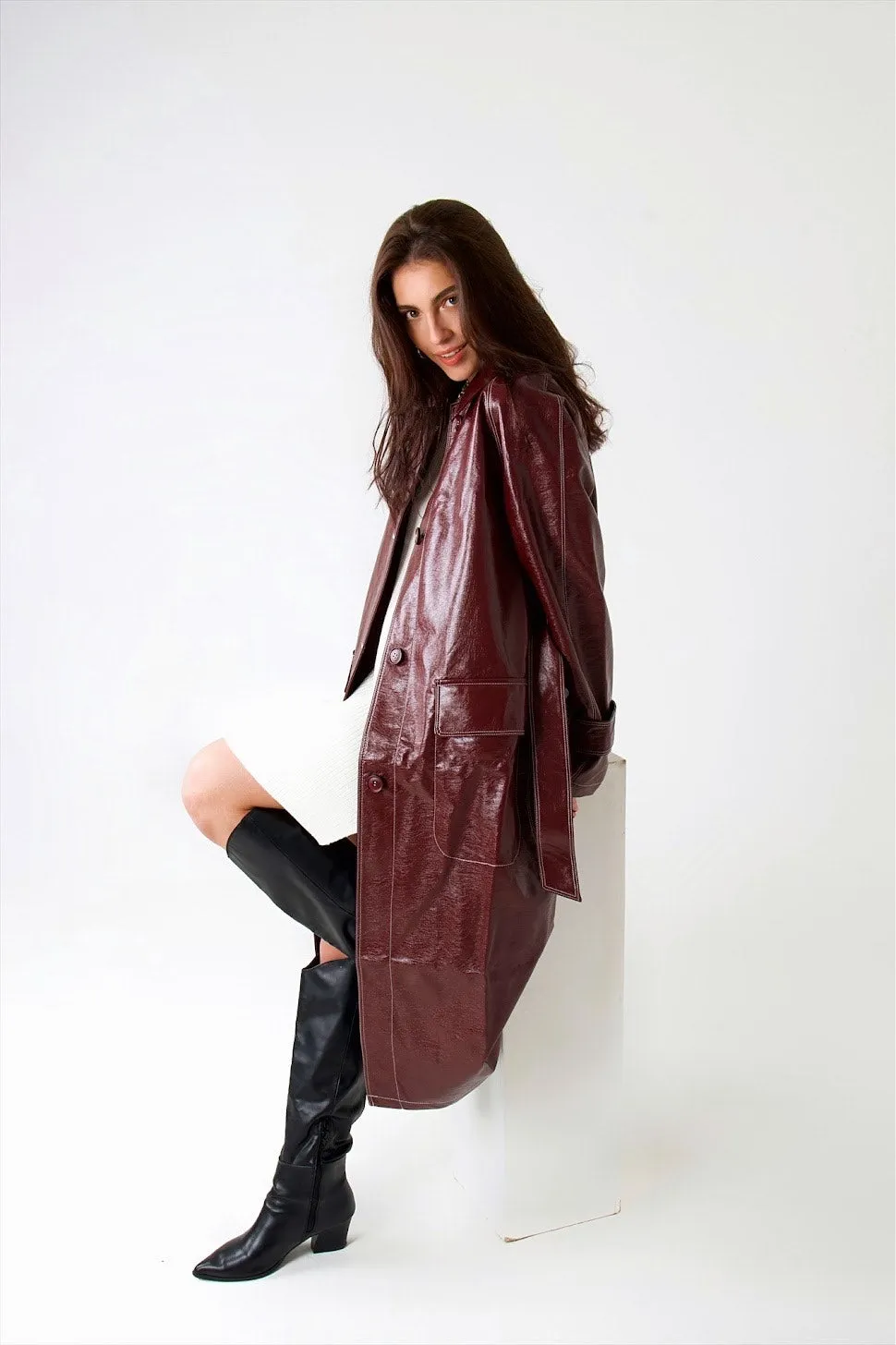 Burgundy PU Leather Trench Coat