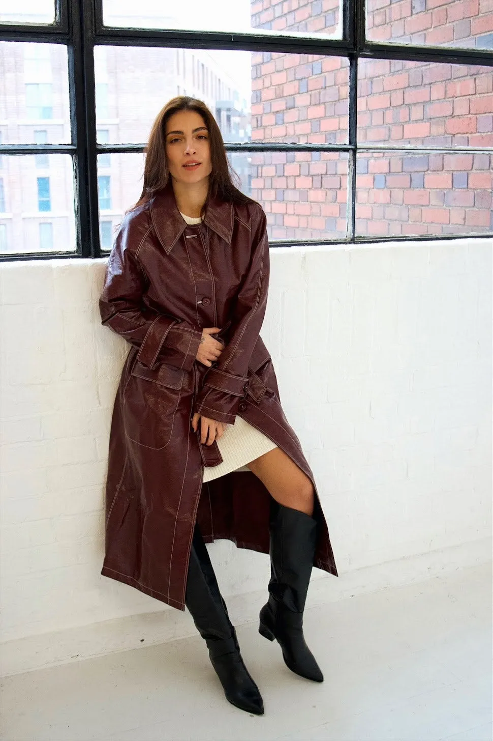 Burgundy PU Leather Trench Coat
