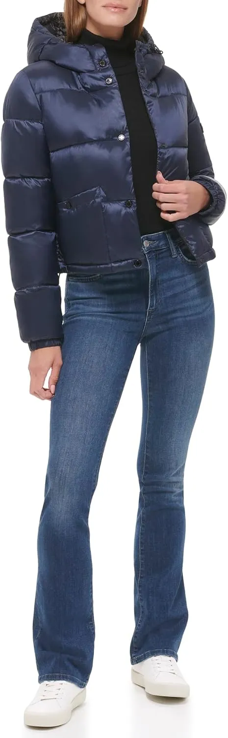 Calvin Klein Women's Lightweight Cropped Hooded Snap Pockets Puffer