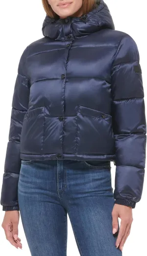 Calvin Klein Women's Lightweight Cropped Hooded Snap Pockets Puffer