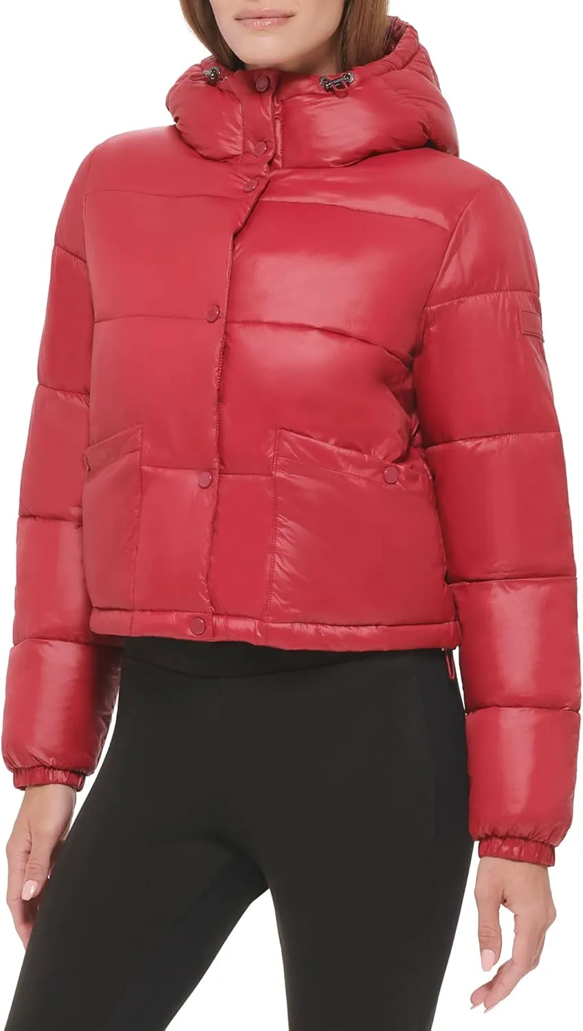 Calvin Klein Women's Lightweight Cropped Hooded Snap Pockets Puffer