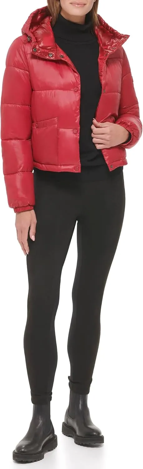 Calvin Klein Women's Lightweight Cropped Hooded Snap Pockets Puffer