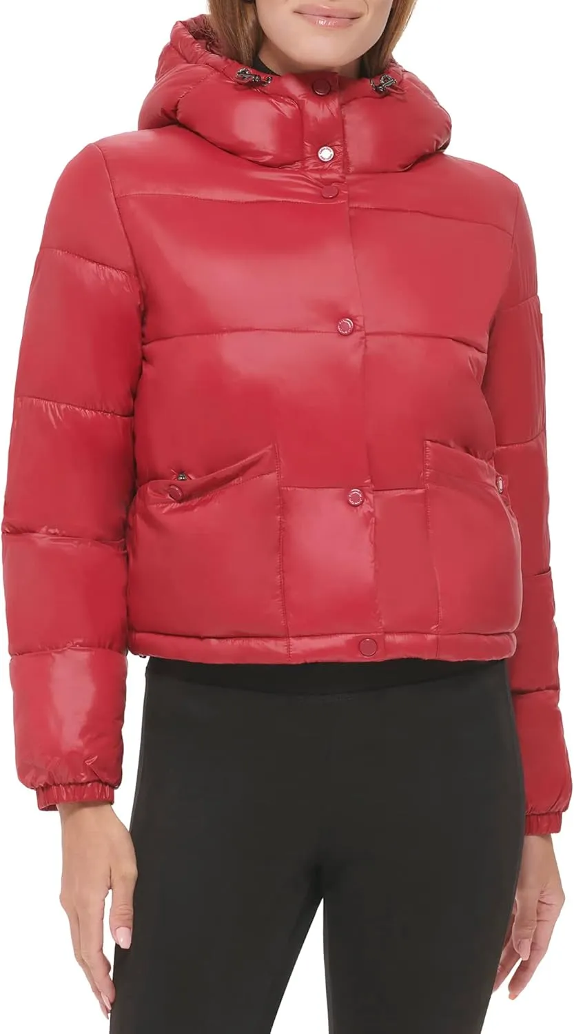 Calvin Klein Women's Lightweight Cropped Hooded Snap Pockets Puffer