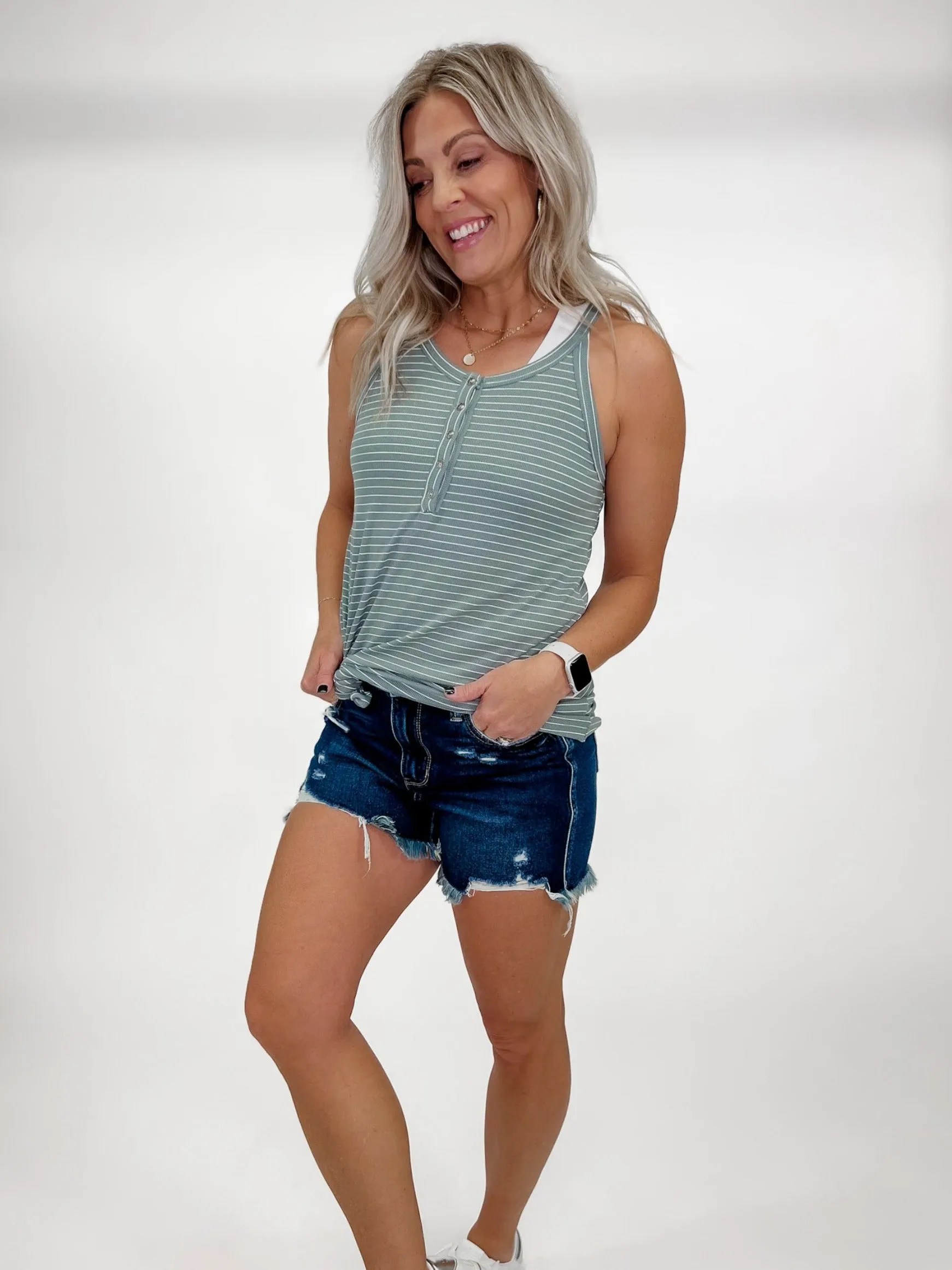 Cora Stripe Ribbed Tank, Dark Sage