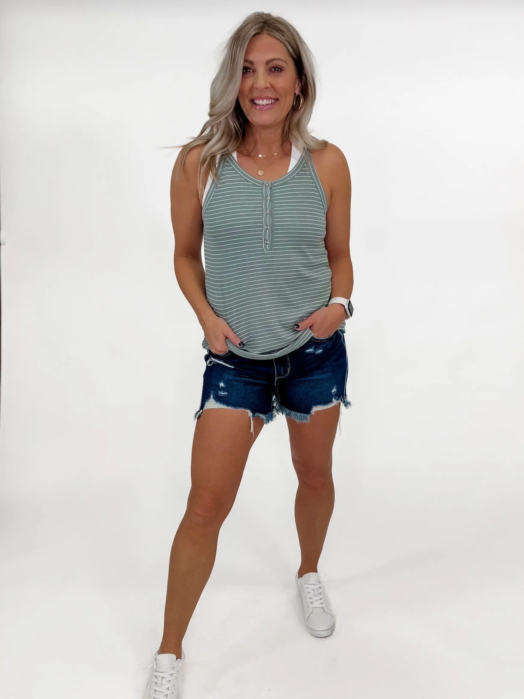 Cora Stripe Ribbed Tank, Dark Sage