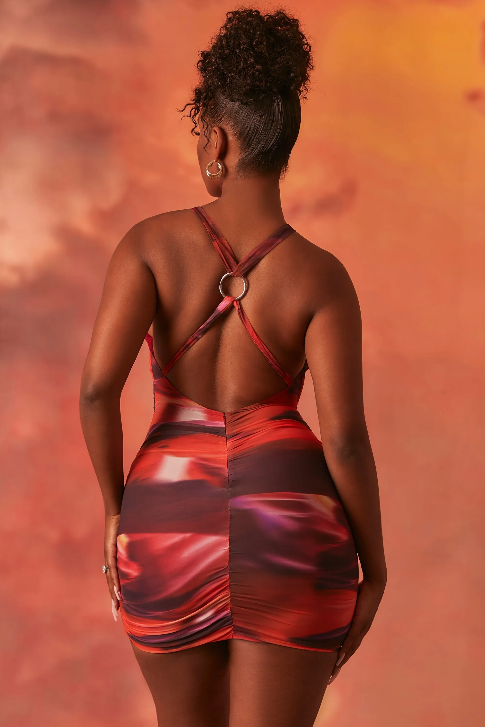 Crossover Ruched Mesh Mini Dress in Orange