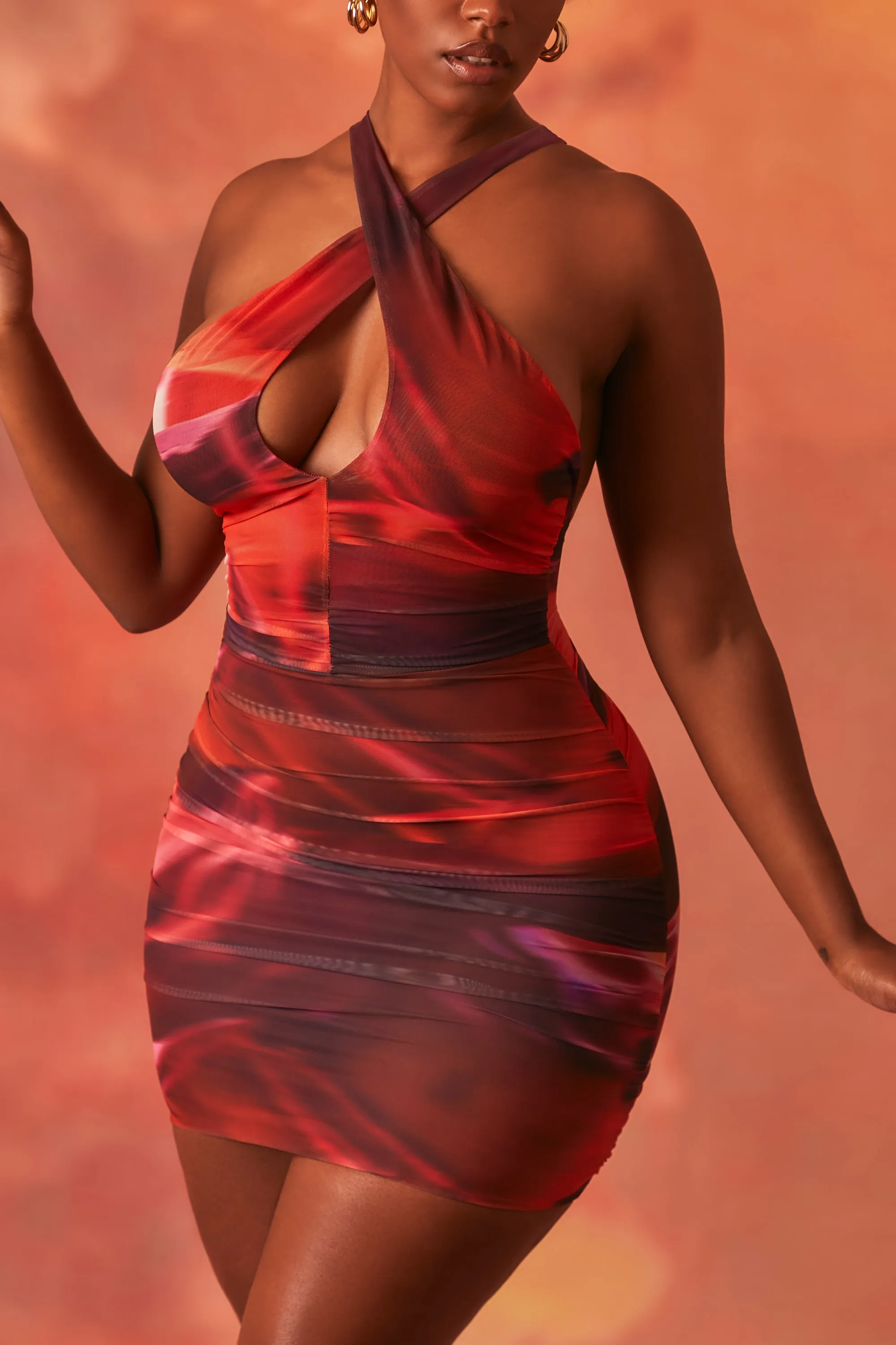 Crossover Ruched Mesh Mini Dress in Orange