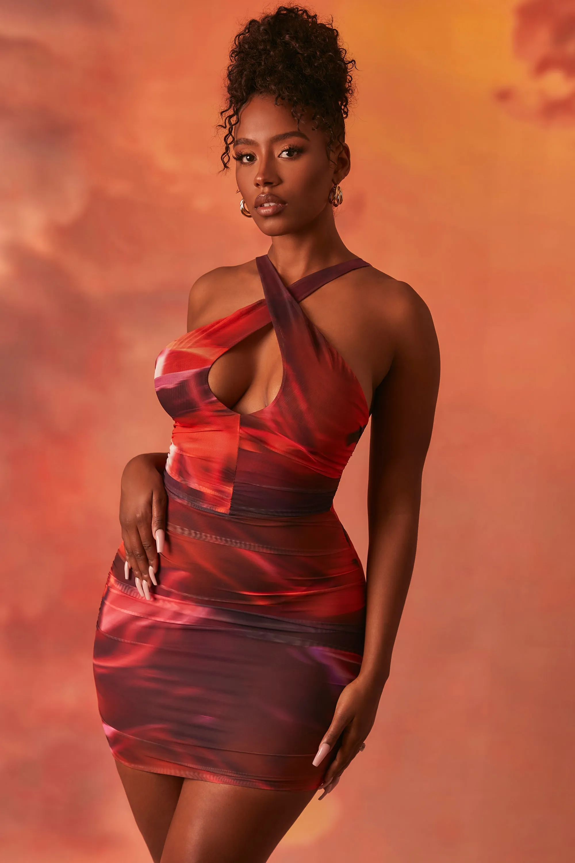 Crossover Ruched Mesh Mini Dress in Orange