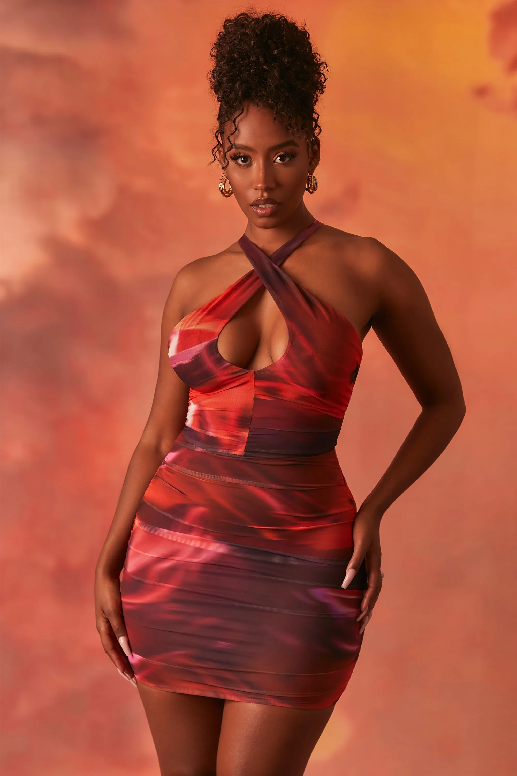 Crossover Ruched Mesh Mini Dress in Orange