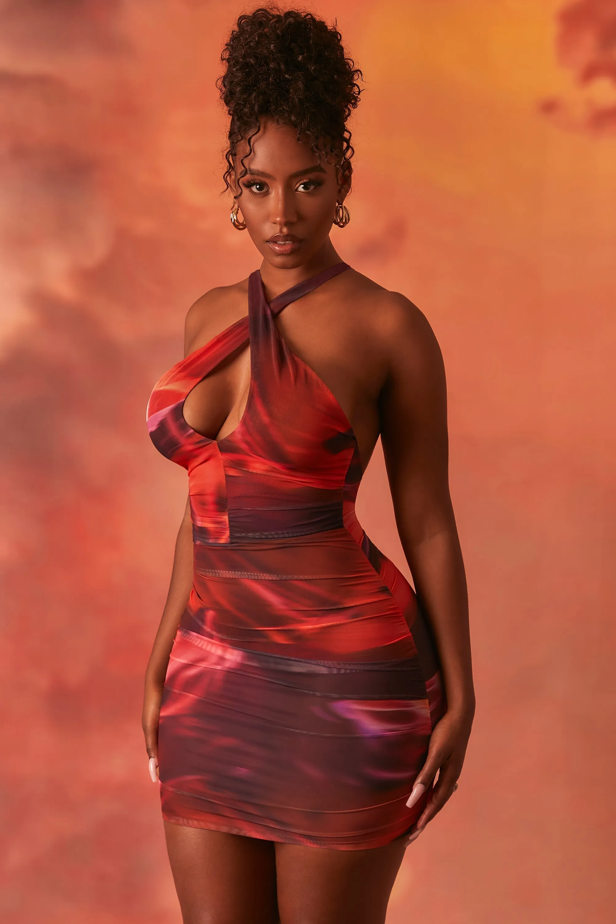 Crossover Ruched Mesh Mini Dress in Orange