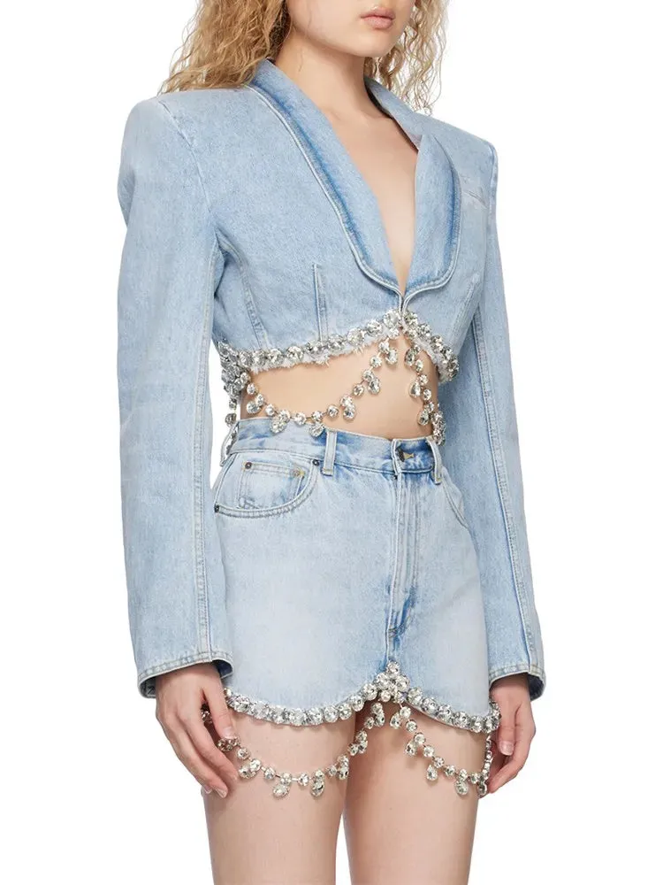 Crystal Embellished Cropped Denim Blazer