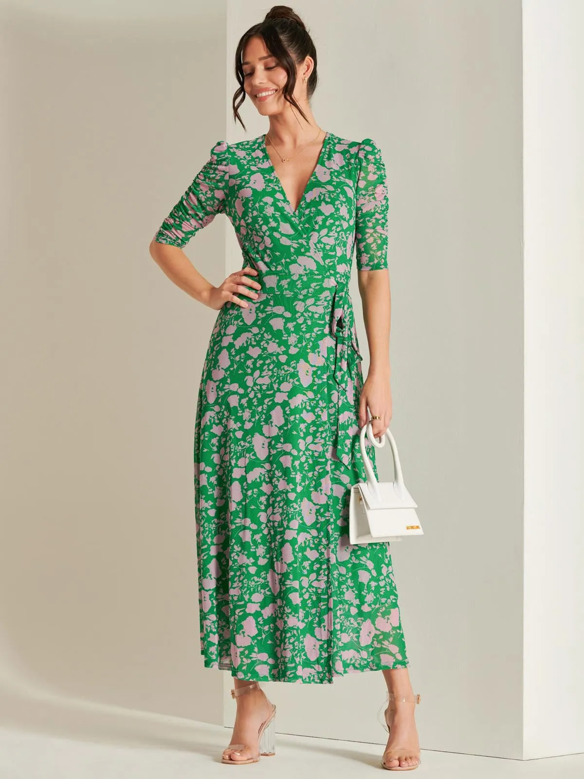Daliyah Wrap Front Mesh Maxi Dress, Green Floral