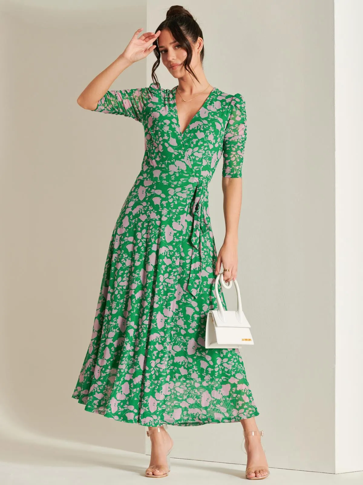 Daliyah Wrap Front Mesh Maxi Dress, Green Floral