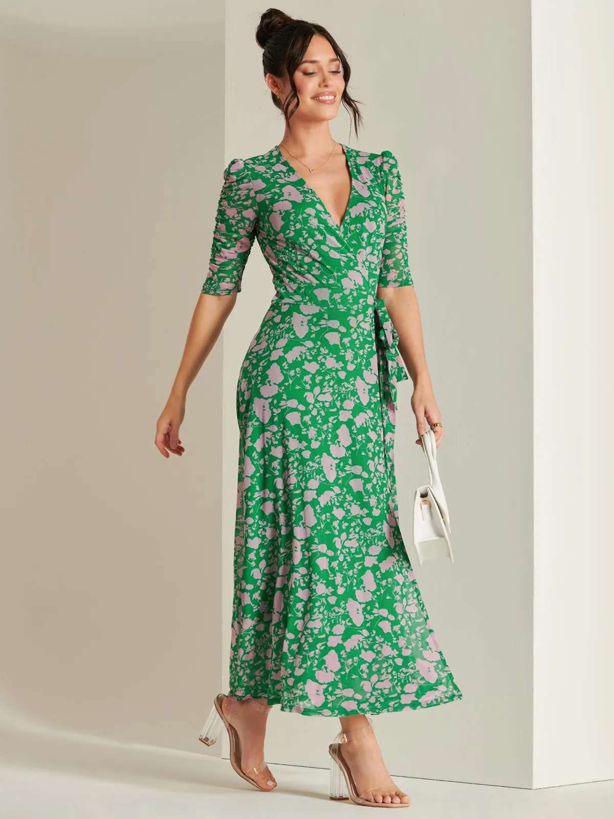 Daliyah Wrap Front Mesh Maxi Dress, Green Floral