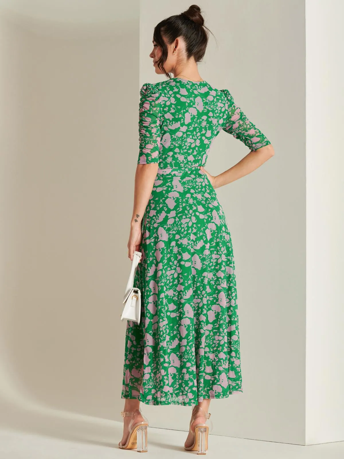 Daliyah Wrap Front Mesh Maxi Dress, Green Floral