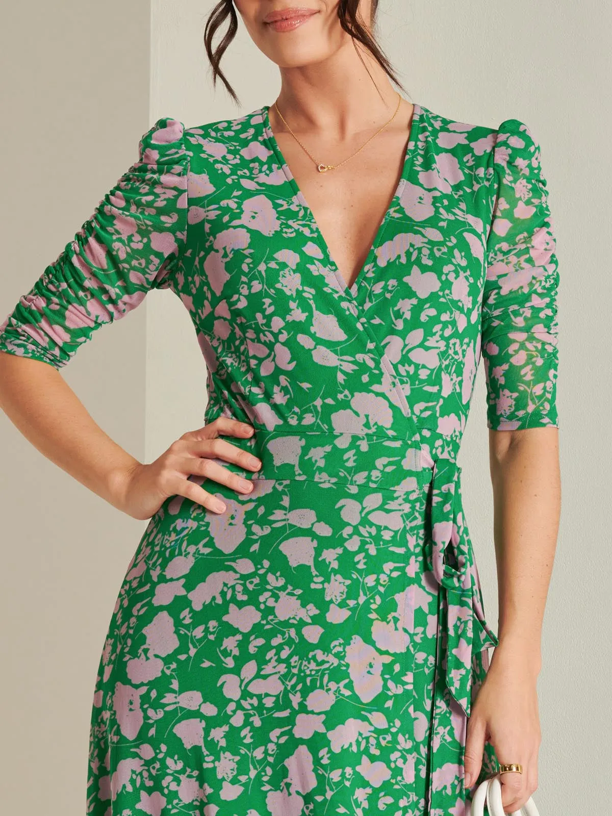 Daliyah Wrap Front Mesh Maxi Dress, Green Floral