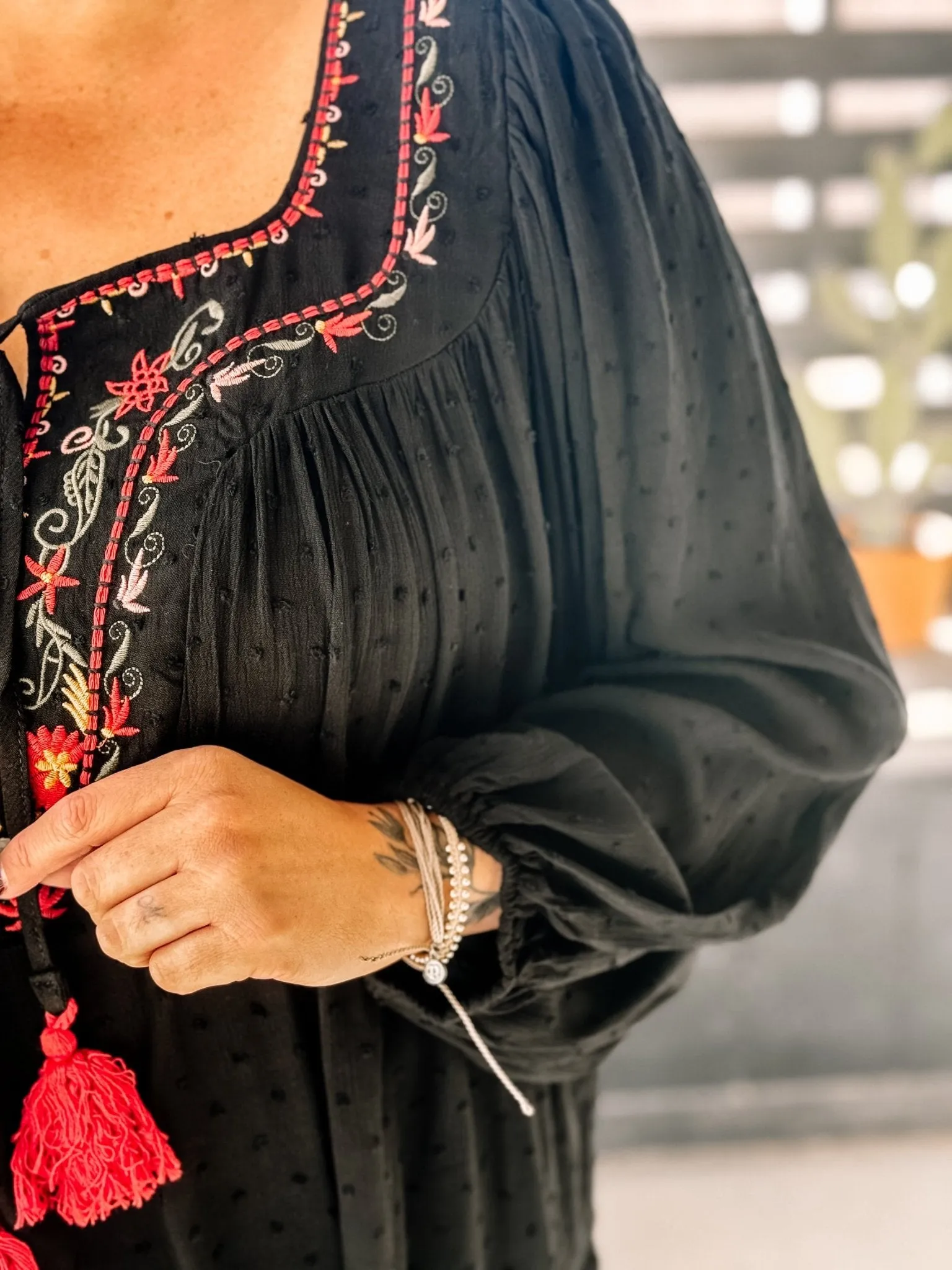 Desert Sage Boho Flowy Blouse, Black