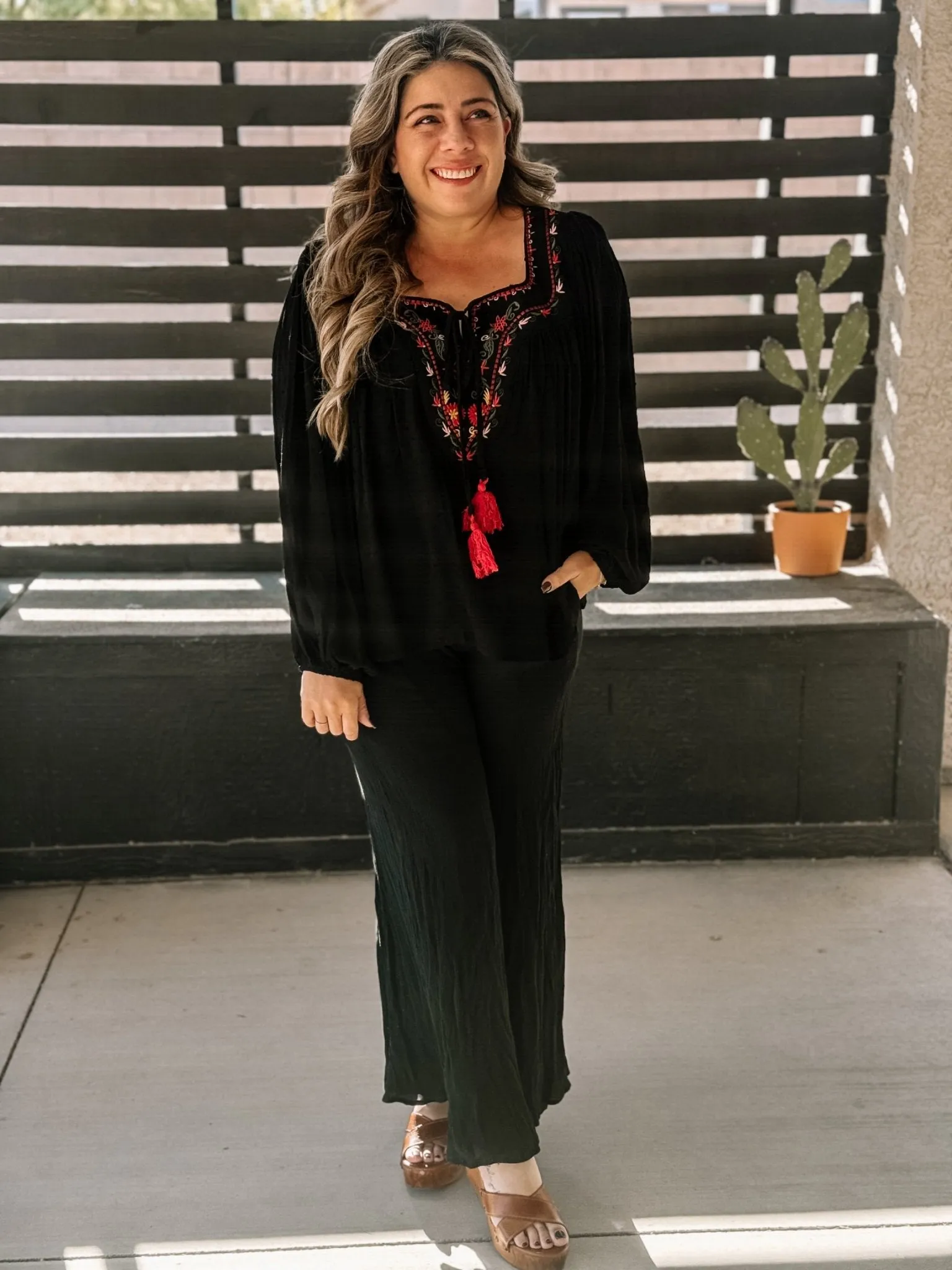 Desert Sage Boho Flowy Blouse, Black