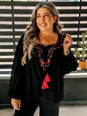 Desert Sage Boho Flowy Blouse, Black