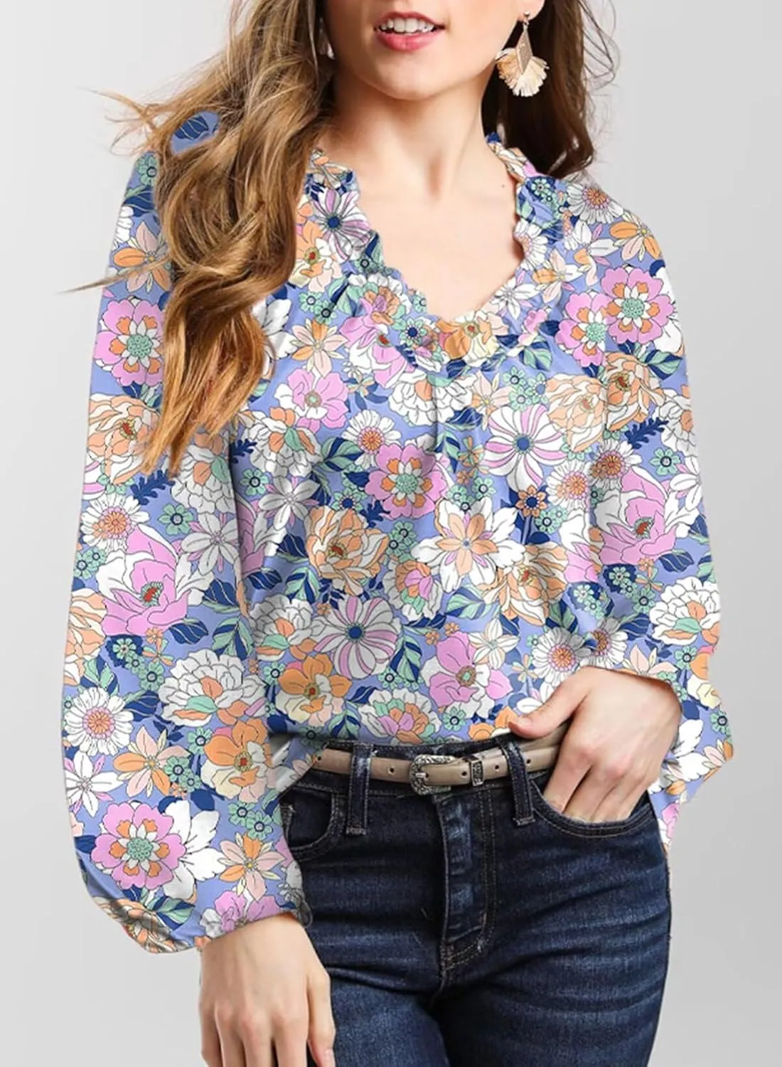 Dokotoo Womens Tops Fall Outfits for Women 2024 Casual Floral Print V Neck Flowy Smocked Puff Long Sleeve Shirt Loose Blouse