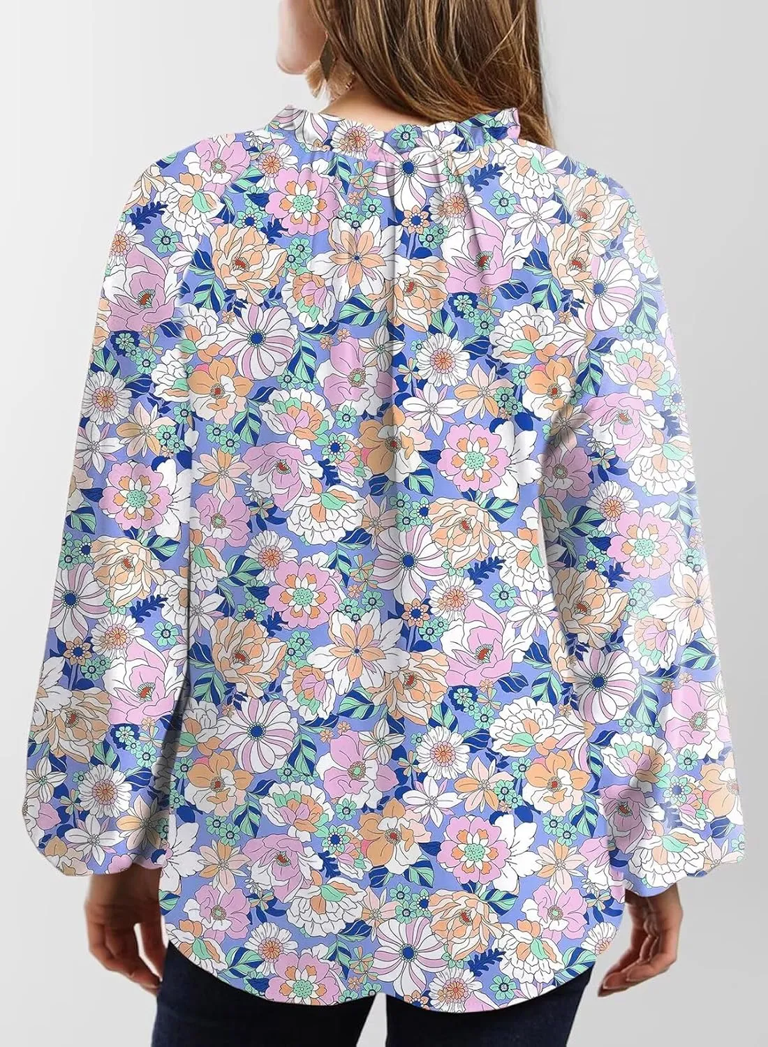 Dokotoo Womens Tops Fall Outfits for Women 2024 Casual Floral Print V Neck Flowy Smocked Puff Long Sleeve Shirt Loose Blouse