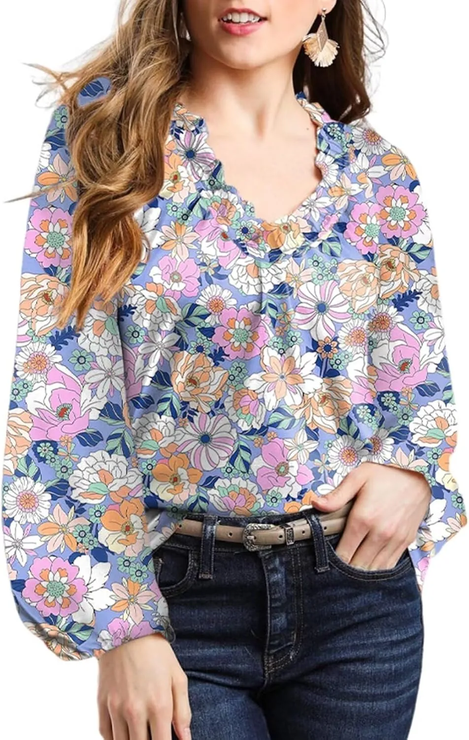 Dokotoo Womens Tops Fall Outfits for Women 2024 Casual Floral Print V Neck Flowy Smocked Puff Long Sleeve Shirt Loose Blouse