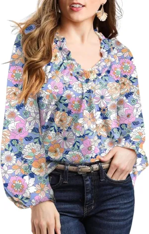 Dokotoo Womens Tops Fall Outfits for Women 2024 Casual Floral Print V Neck Flowy Smocked Puff Long Sleeve Shirt Loose Blouse
